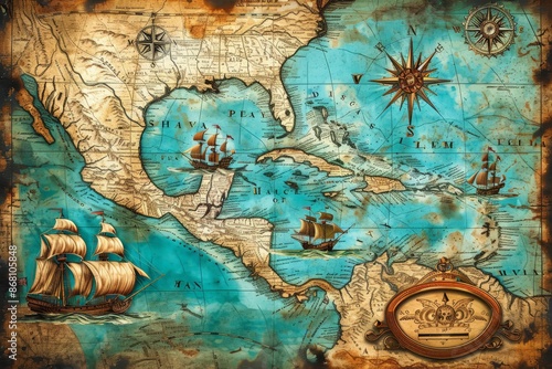 Antique old map of the caribbean sea islands and compass with vintage worn parchment grunge brown paper background © pixeness