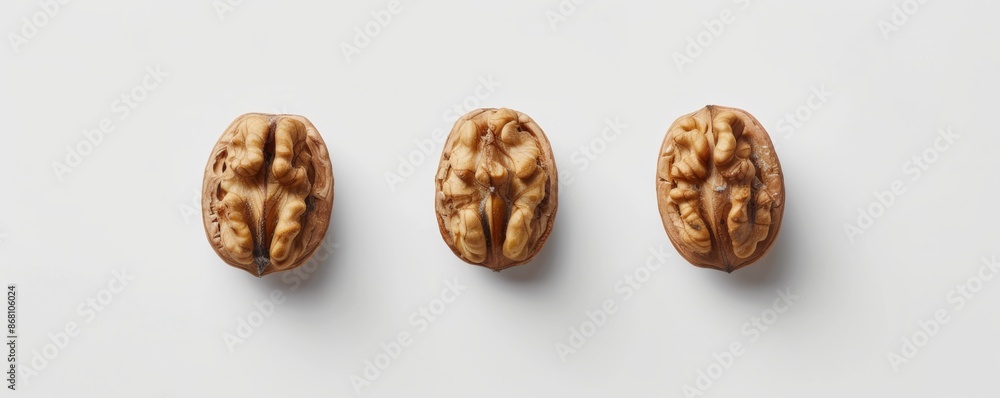 Three walnut halves on a white background, isolated food objects. Healthy eating and nutrition concept Three walnut halves on a white background, isolated food objects. Healthy eating and nutrition concept