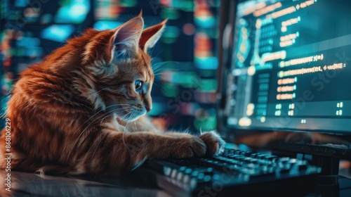 A clever cat makes a living as a computer hacker. photo