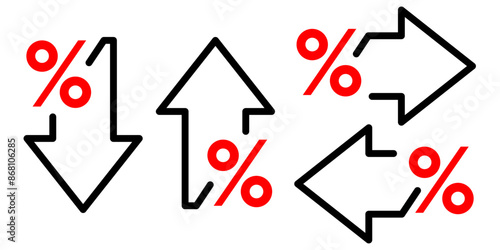 Percentage with arrow up, down, left and right line icon. Percentage arrow with percent sign. Design concept for banking, credit, interest rate, finance and money increase and decrease.