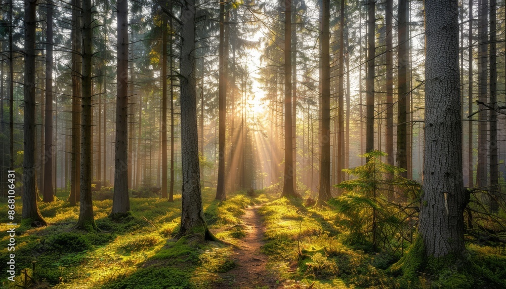 Obraz premium A breathtaking pine forest at sunrise with tall trees casting long shadows and sunlight filtering through the dense canopy, creating a serene and magical atmosphere