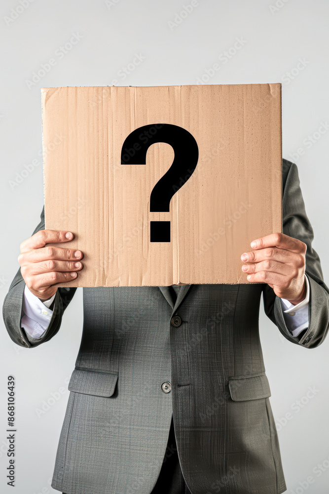 Puzzled Businessman Holding Question Mark Sign Closeup Portrait on White Background Puzzled Businessman Holding Question Mark Sign Closeup Portrait on White Background
