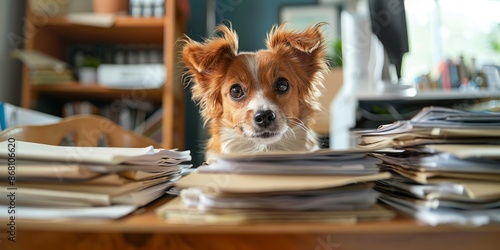Cute Dog Amongst Office Papers in a Cozy Workspace Setting