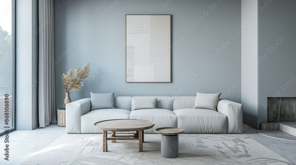 Obraz premium Minimalist living room interiors in turquoise color with minimal furniture and natural lighting.Interiors design composition concept image.