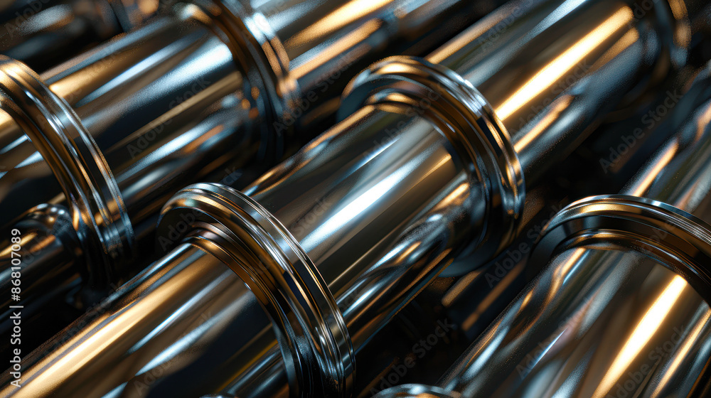 Naklejka premium Industrial Elegance Close-Up of Silver Pipes with Soft Lighting and Dark Background