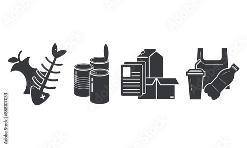 Collection set of Recycle, paper, plastic, organic, inorganic, metal, aluminum, glass trash separation icon