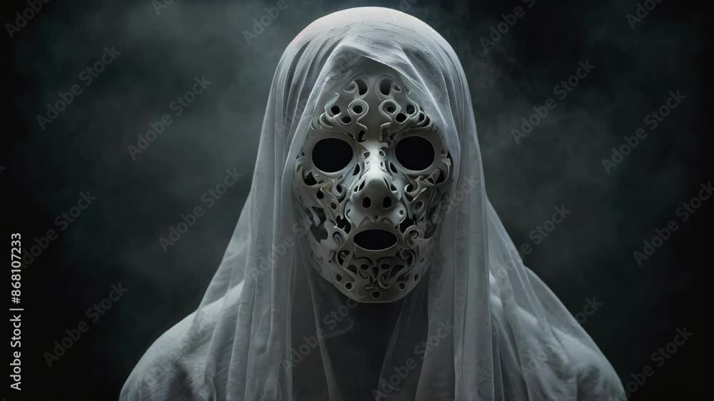 A menacing skeleton with a white skull mask and black eye sockets stands amidst a swirling fog. The figure is draped in a tattered, translucent white veil A menacing skeleton with a white skull mask and black eye sockets stands amidst a swirling fog. The figure is draped in a tattered, translucent white veil