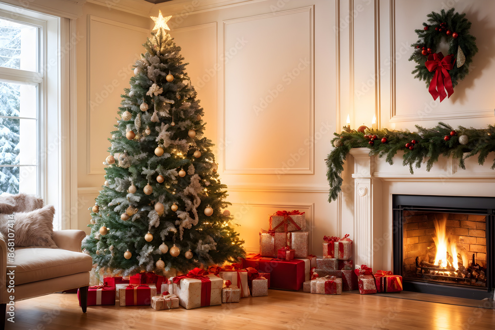 Warm Christmas decor in home interior with gifts Warm Christmas decor in home interior with gifts
