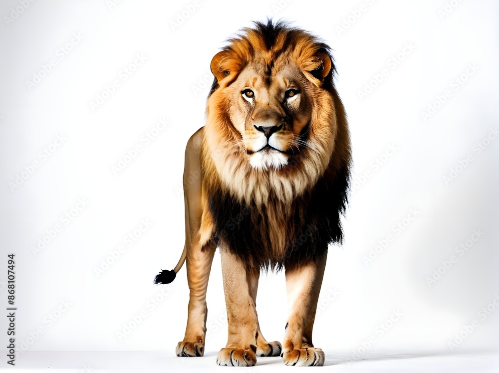Obraz premium A Stunning Image of a Lion Isolated Against a White Background, Emphasizing Its Dominant Aura and Magnificent Mane