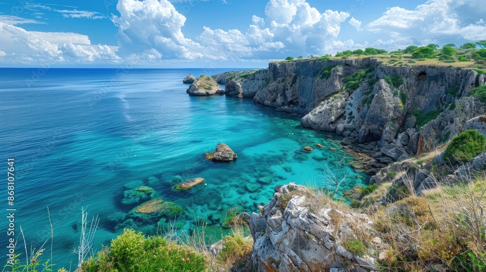 A stunning coastal view with a secluded cove, turquoise waters, and rugged cliffs.