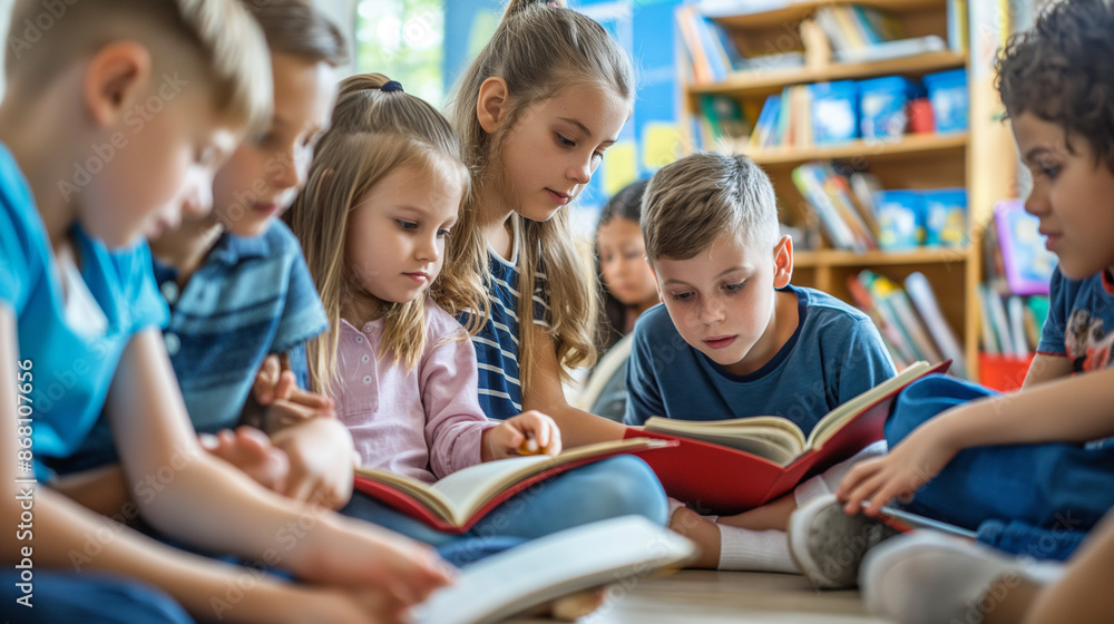 Elementary School Children Reading Together in Library Elementary School Children Reading Together in Library
