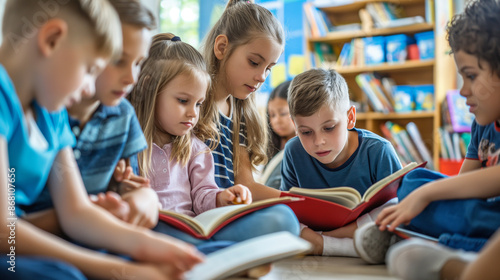 Elementary School Children Reading Together in Library