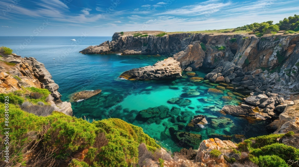 A stunning coastal view with a secluded cove, turquoise waters, and rugged cliffs. A stunning coastal view with a secluded cove, turquoise waters, and rugged cliffs.