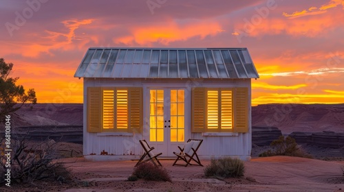 desert retreat with sun-kissed gold Bahama shutters, mirroring the fiery sunset hues