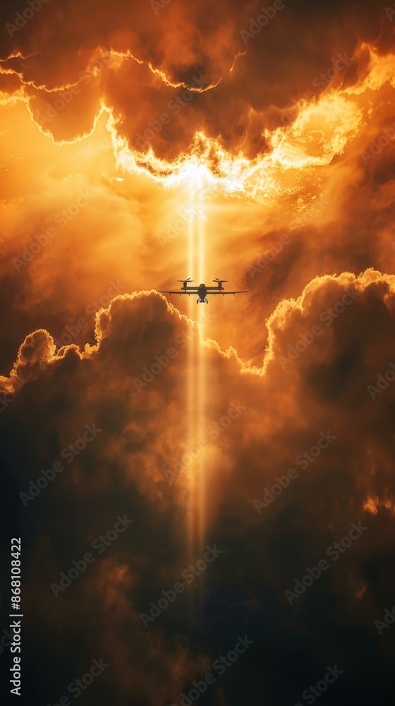 Obraz premium A small tactical drone flying through a beam of sunlight breaking through thick clouds, symbolizing the search for clarity amidst chaos