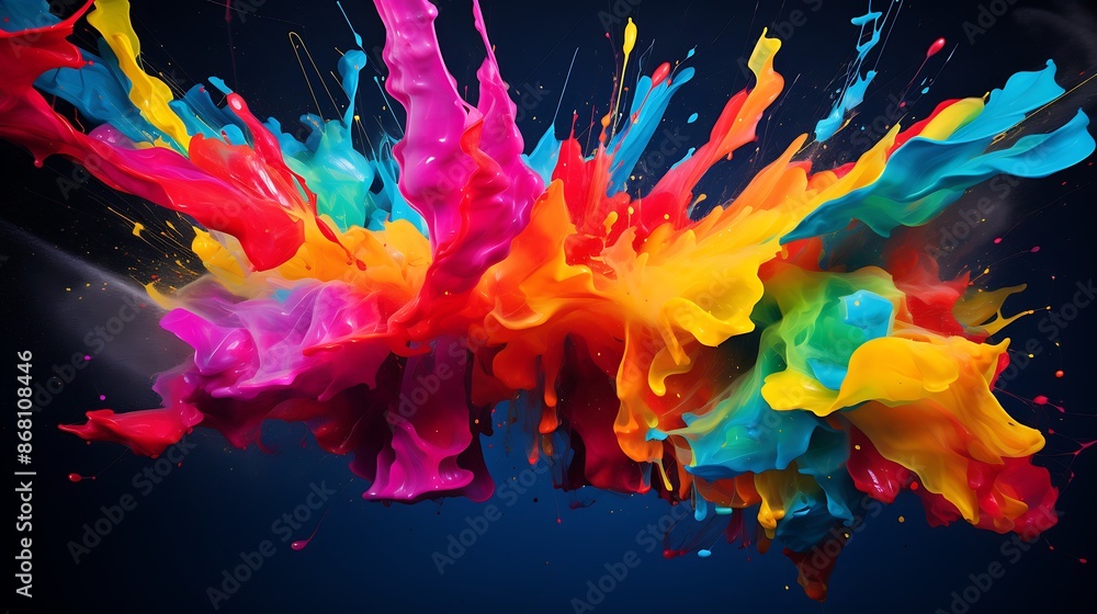 The image shows a splatter of colorful paint with the paint splashing outwards and upwards creating a vibrant and dynamic effect The image shows a splatter of colorful paint with the paint splashing outwards and upwards creating a vibrant and dynamic effect