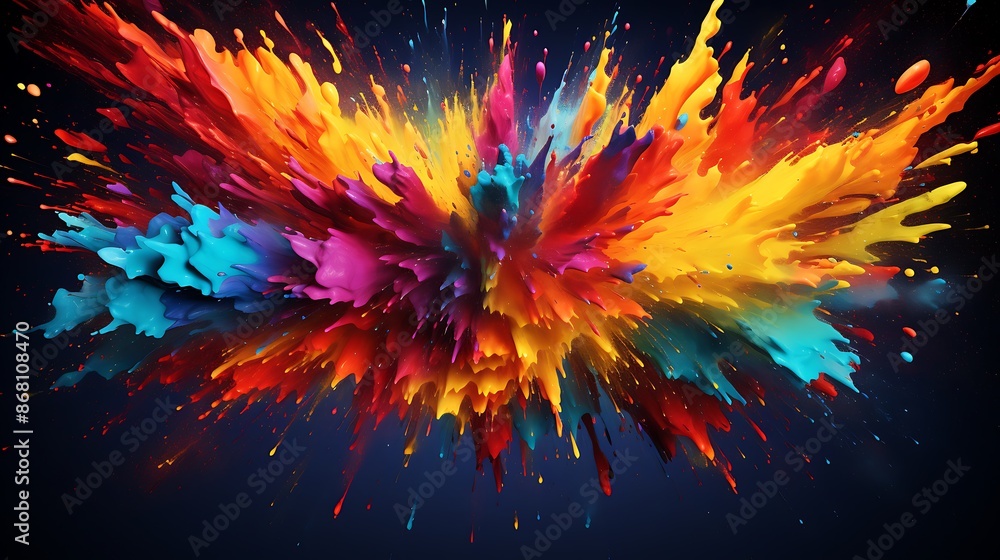 The image shows a splatter of colorful paint with the paint splashing outwards and upwards creating a vibrant and dynamic effect The image shows a splatter of colorful paint with the paint splashing outwards and upwards creating a vibrant and dynamic effect
