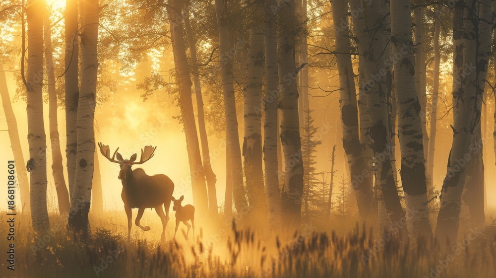 A mother moose and her baby are walking through a forest A mother moose and her baby are walking through a forest