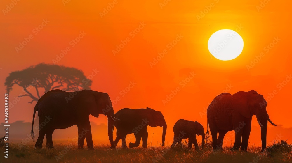 Fototapeta premium A group of elephants walking in a field at sunset