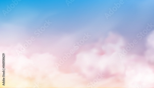 Fantasy Dreamy Sunrise Blue,Pink,Yellow,Orange Cloud Sky Pastel for Winter Background.Vector Soft Cloudy fluffy texture with colouful gradient.Fairy Sunset Nature landscape in Autumn,Sweet sky in Fall