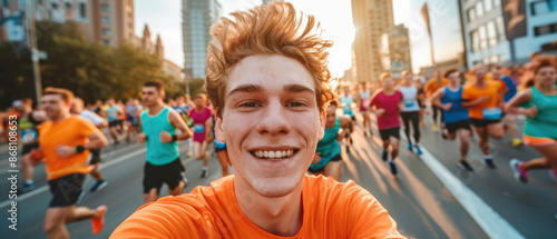 A young man with spiky blonde hair takes a selfie while running in the city marathon. Behind him is a crowd of other runners wearing colorful photo