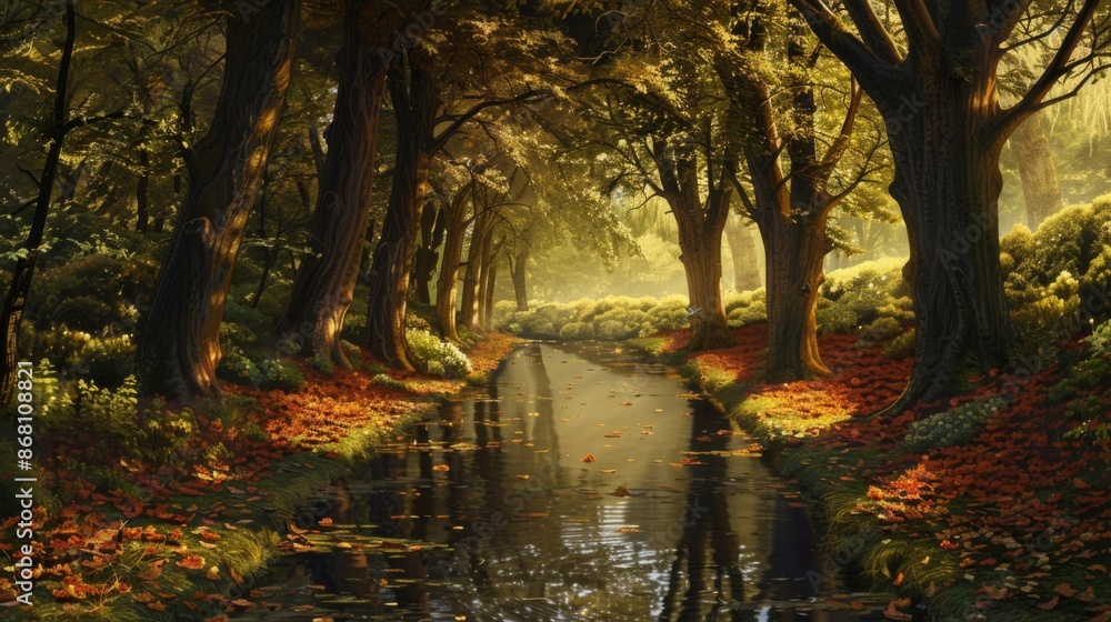 Obraz premium A painting of a forest path with a pond in the foreground
