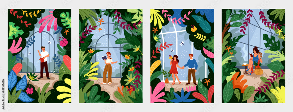 Fototapeta premium Greenhouse farm. Plant foliage. Flowers and leaves. Glass agriculture. People relaxing in orangery. Garden conservatory. Home gardening. Nature greenery. Planter floor. Vector tidy glasshouses set