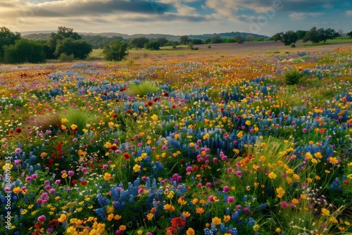 Aerial shot of a vast field of wildflowers in full bloom, patchwork of vibrant colors
