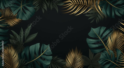 Elegant luxury golden frame with tropical leaves for sophisticated decor.