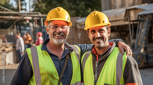 Two construction workers wearing safety gear and smiling for the camera © Kowit