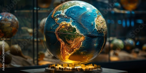 Fototapeta Naklejka Na Ścianę i Meble -  Illuminated globe showcasing continents and oceans in a museum display setting