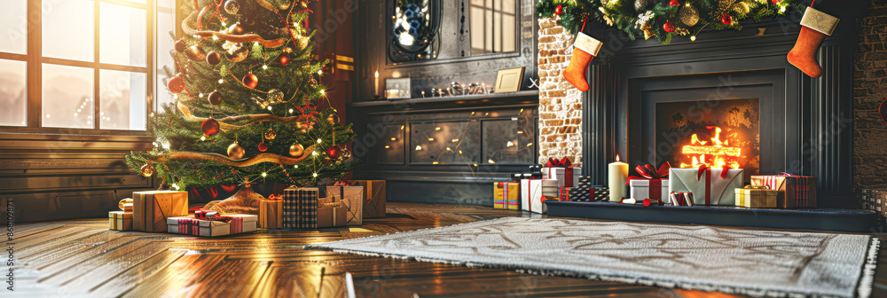 Festive Christmas Home Corner with Tree and Gifts, Cozy Holiday Atmosphere, Copyspace for Greetings or Wishes Festive Christmas Home Corner with Tree and Gifts, Cozy Holiday Atmosphere, Copyspace for Greetings or Wishes