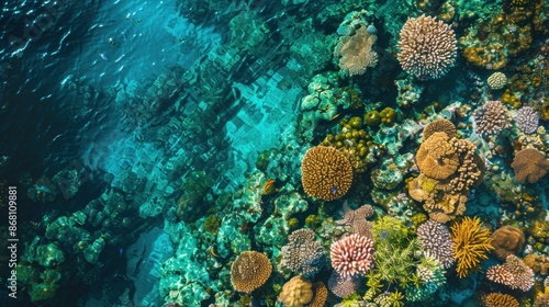 Aerial view of a vast coral reef system, vibrant colors and textures visible beneath crystal-clear water