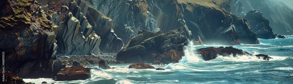 Naklejka premium A large wave crashing into a rocky shoreline