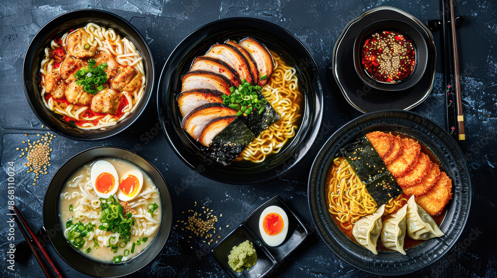 Asian Fusion Feast Shoyu, Tantanmen, Miso Ramen and Gyoza Dumplings in Black Bowls on Dark Blue Table with Asian Decor Accents Asian Fusion Feast Shoyu, Tantanmen, Miso Ramen and Gyoza Dumplings in Black Bowls on Dark Blue Table with Asian Decor Accents