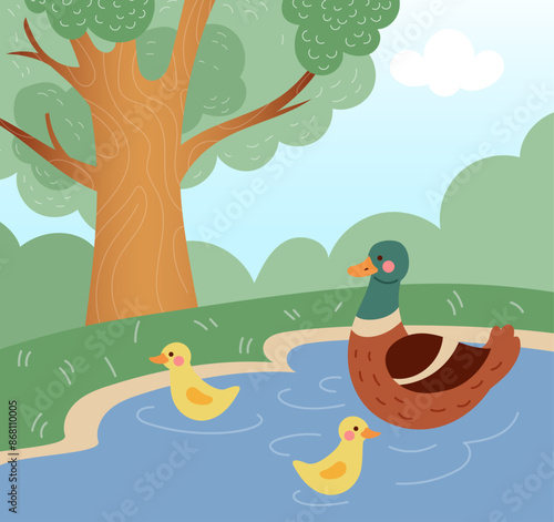 Cute animals. Water birds swimming in pond. Happy ducky family. Wild nature landscape. Ducklings group. Summer scenery. Park forest. Mallards folk. Cartoon yellow duck chicks. Vector wildlife scene