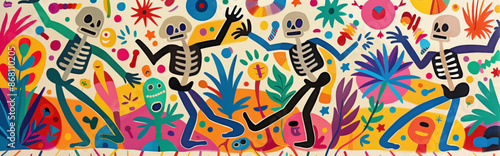 abstract composition of dancing skeletons in bright, festive colors, using simple shapes to convey movement and joy