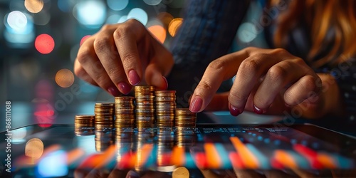 Businesswoman Stacking Coins on Digital Tablet in Modern Office with Bokeh Lights