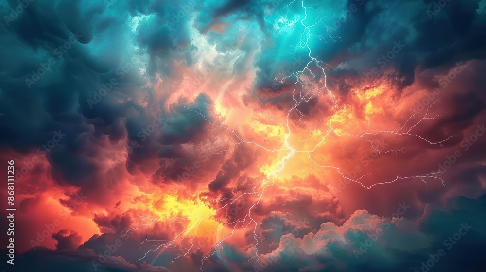 A stormy sky with a bright orange and blue lightning bolt A stormy sky with a bright orange and blue lightning bolt