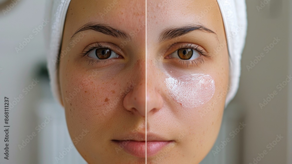 Close-up of a facial with a split-screen effect, showing the before and after results of the treatment Close-up of a facial with a split-screen effect, showing the before and after results of the treatment