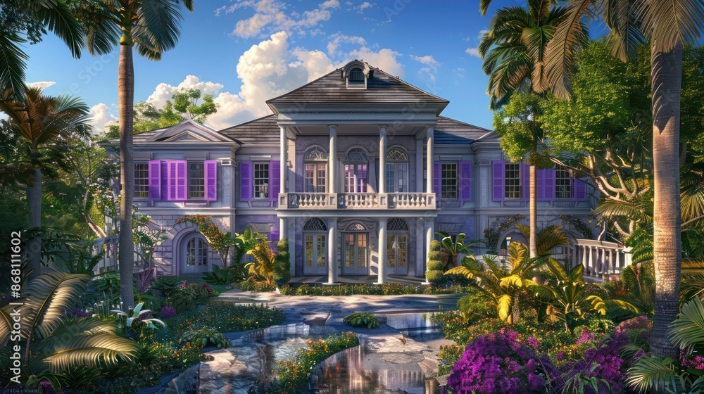 Fototapeta premium grand estate with majestic purple Bahama shutters, set in a sprawling garden