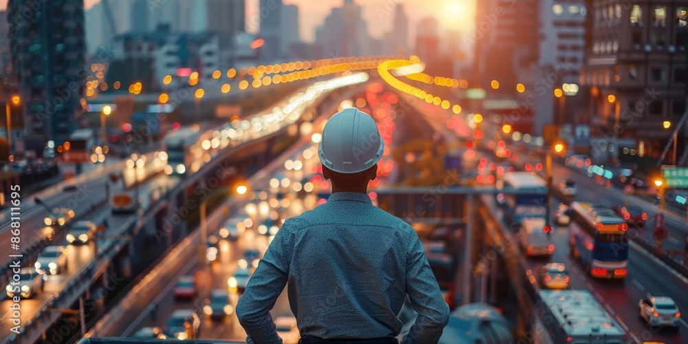 Architect Overseeing Bustling City Highway at Sunset from an Overpass Architect Overseeing Bustling City Highway at Sunset from an Overpass