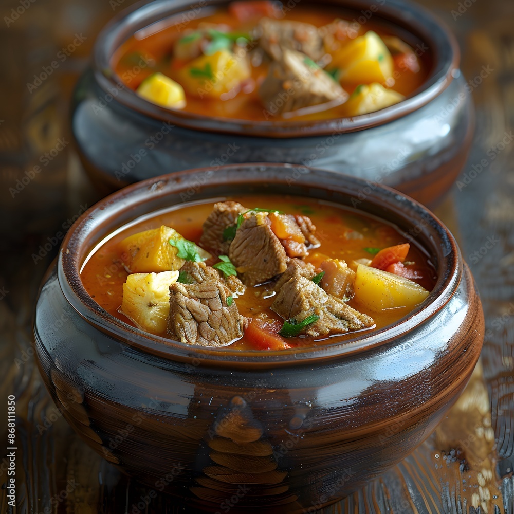 Hearty Beef and Potato Stew in Earthenware Bowl Hearty Beef and Potato Stew in Earthenware Bowl