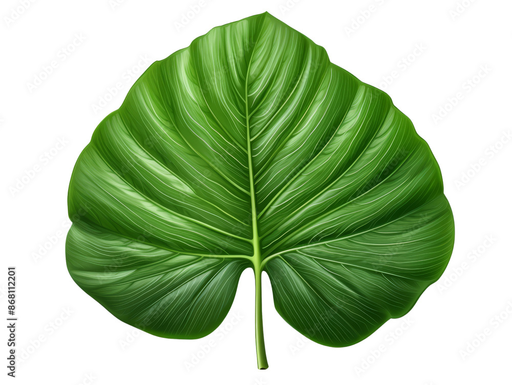 Fototapeta premium Vibrant green tropical leaf with intricate veins, isolated on white background. Perfect for nature, botanical, or natural beauty themes.