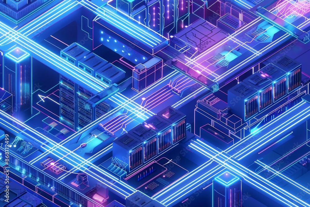 Isometric blueprint of a data center, showcasing multiple floors, server racks, and network pathways in three-dimensional perspective Isometric blueprint of a data center, showcasing multiple floors, server racks, and network pathways in three-dimensional perspective