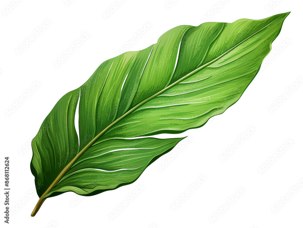 Obraz premium Close-up illustration of a vibrant green leaf with detailed veins, isolated on a white background. Perfect for botanical or nature-themed designs.