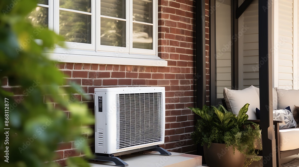 The image shows a white air conditioning unit with a black window air conditioner. The unit is located on a brick patio in front of a house The image shows a white air conditioning unit with a black window air conditioner. The unit is located on a brick patio in front of a house