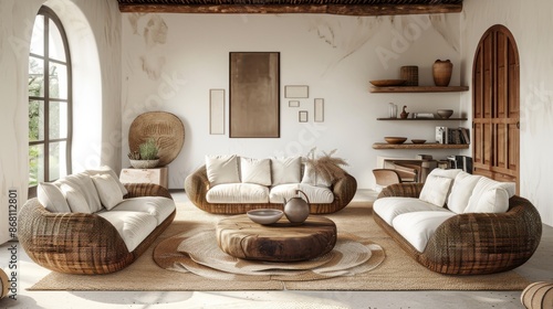 Home interior mockup with rattan furniture © Samvel