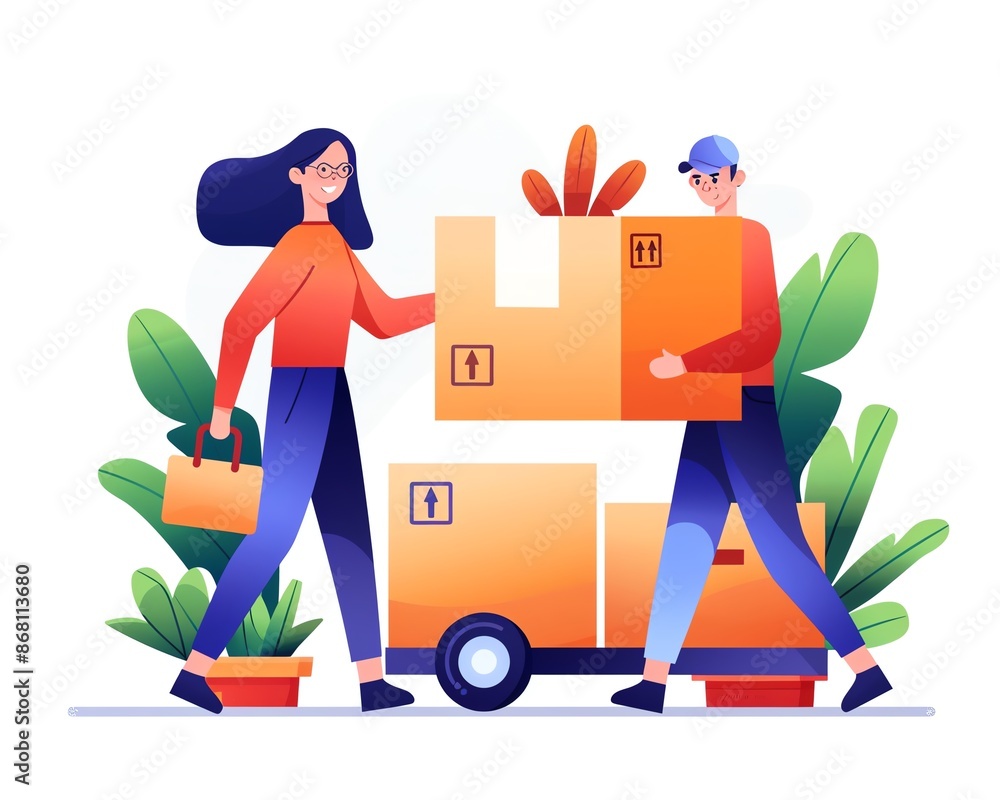 Parents packing and securing items, ready for relocation, Watercolor style Parents packing and securing items, ready for relocation, Watercolor style