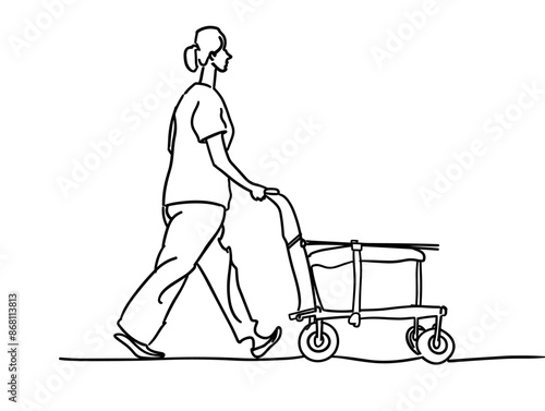 Healthcare Professional Cart Assitance: Single-Line Depiction of Nurse Delivering Care Through Constant Cart Presence